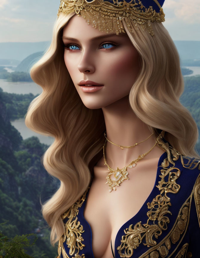 Illustrated woman with blonde hair and blue eyes in blue and gold attire against scenic backdrop
