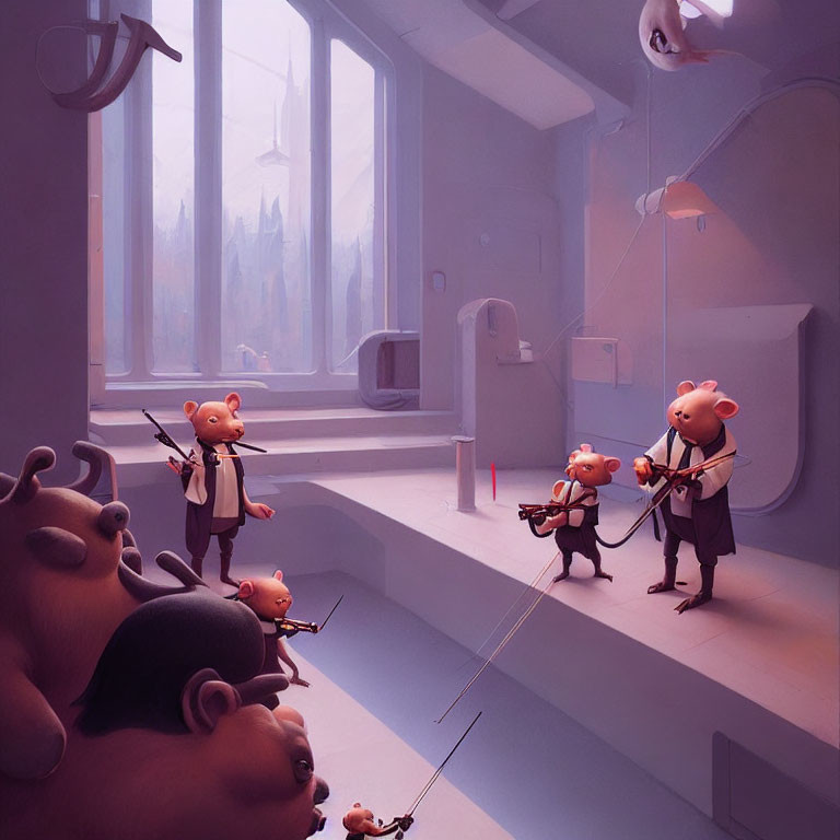 Medieval-themed animated mice with swords and shields in whimsical room