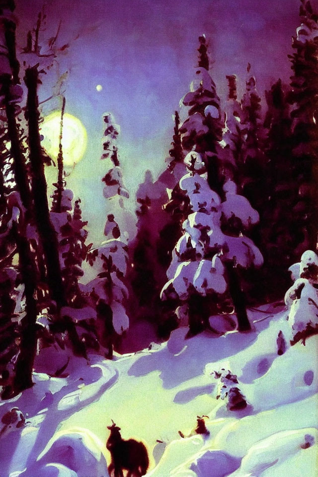 Snowy forest with moonlit wolves and snow-laden trees