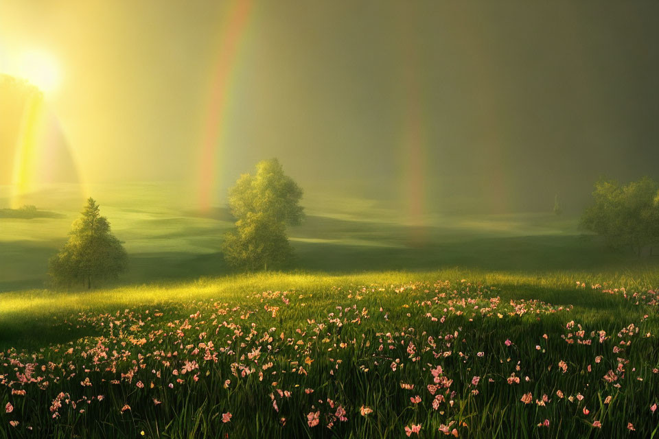 Double Rainbow and Sunbeams Over Pink Flower Field Landscape