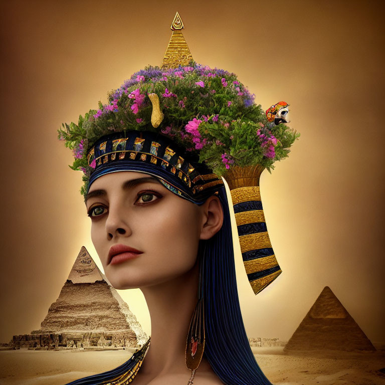 Digital artwork of woman with Egyptian headgear, tree, flowers, bird, pyramids