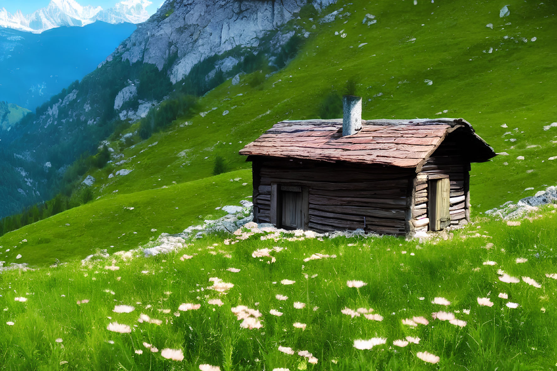 Rustic wooden cabin in lush meadow with alpine mountains & white flowers