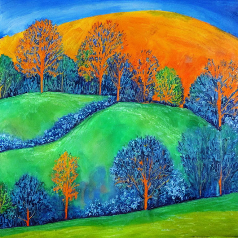 Colorful landscape painting with green hills, autumn trees, and vibrant sky