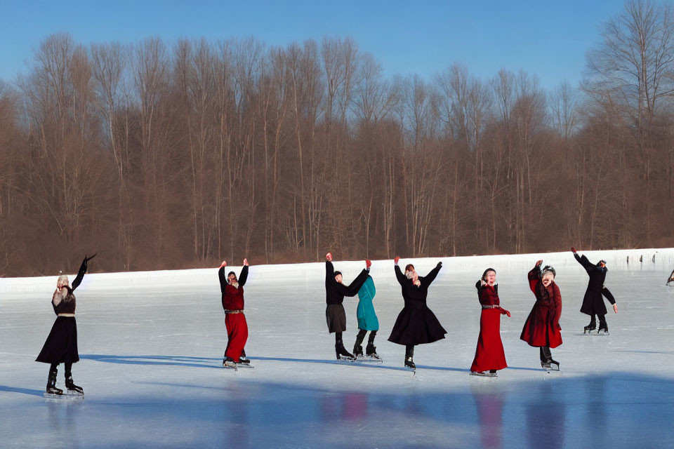 Group of individuals in traditional dresses ice skating on frozen pond