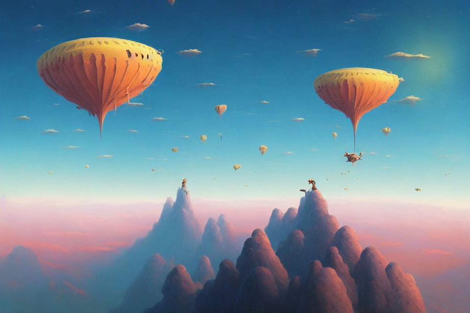 Fantasy sunset scene: floating islands, fruit-shaped hot air balloons, tiny figures, whimsical air