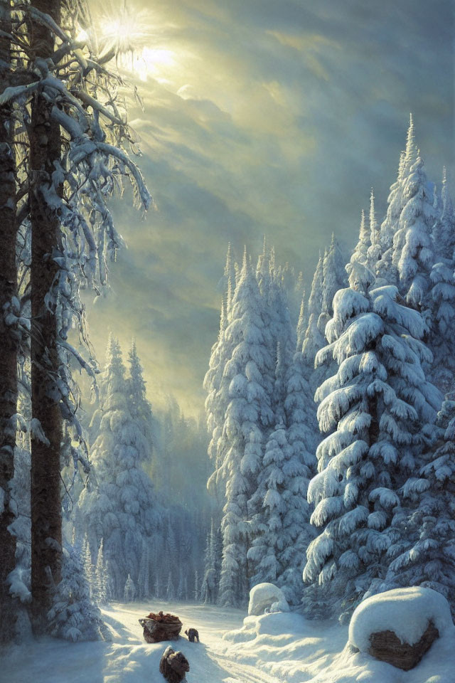 Snowy forest scene with tall trees and gentle sunlight breaking through.