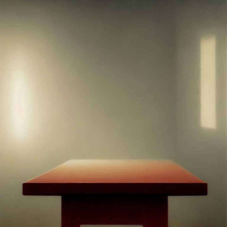 Minimalist red table in softly lit room with shadowed wall
