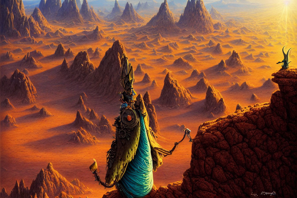 Fantastical creature and lone rider in desert landscape at sunrise