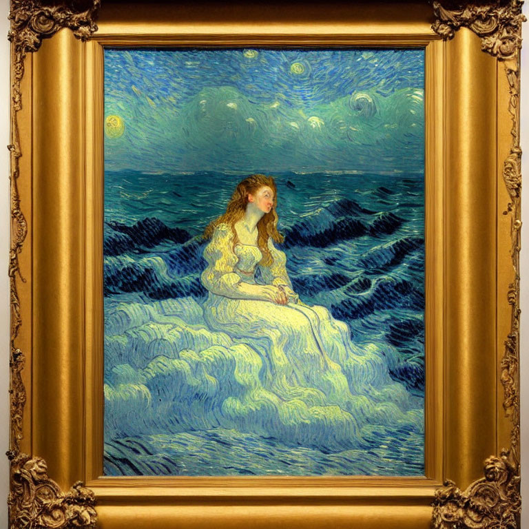 Starry night sky painting of woman in white dress on waves