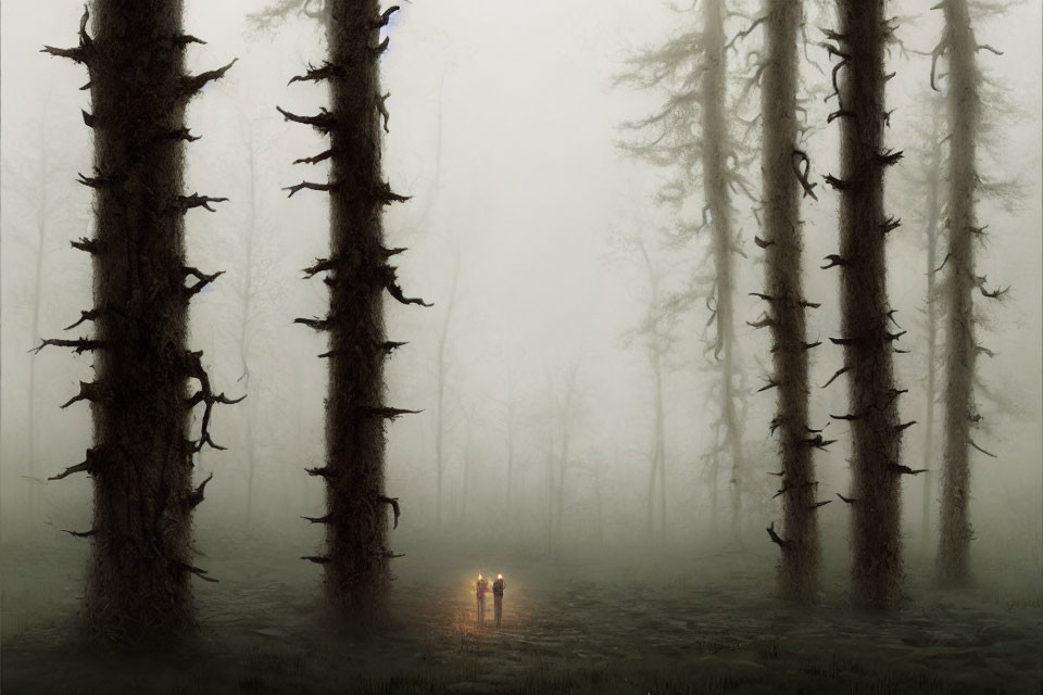 Misty forest scene with tall trees and two figures in faint light