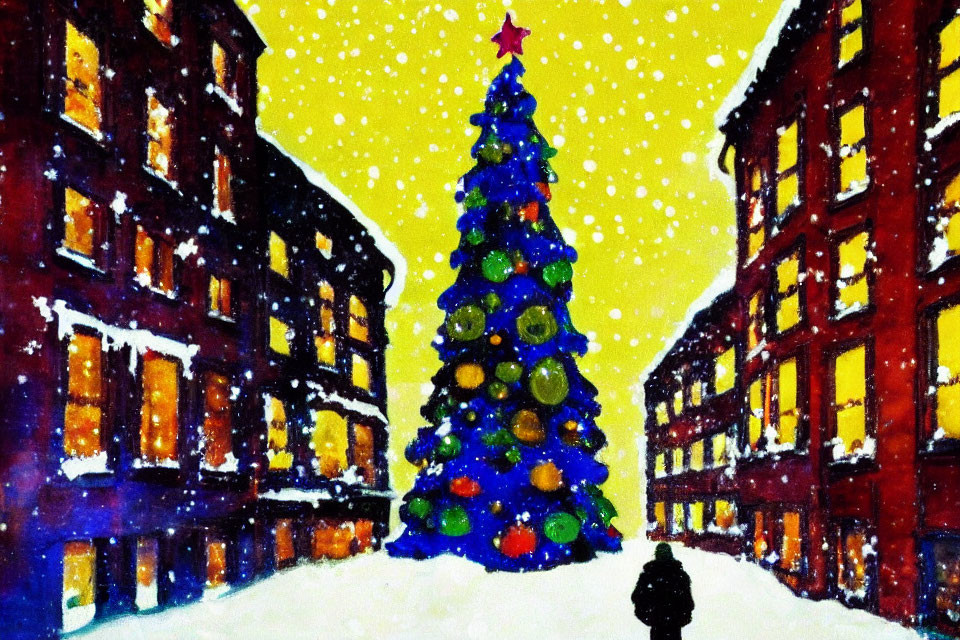 Colorful painting: Person walking to Christmas tree on snowy street