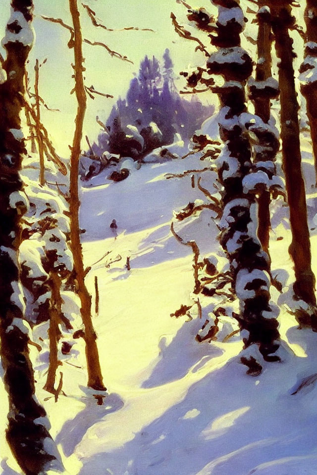 Snowy landscape with sunlit trees casting shadows in serene winter scene.