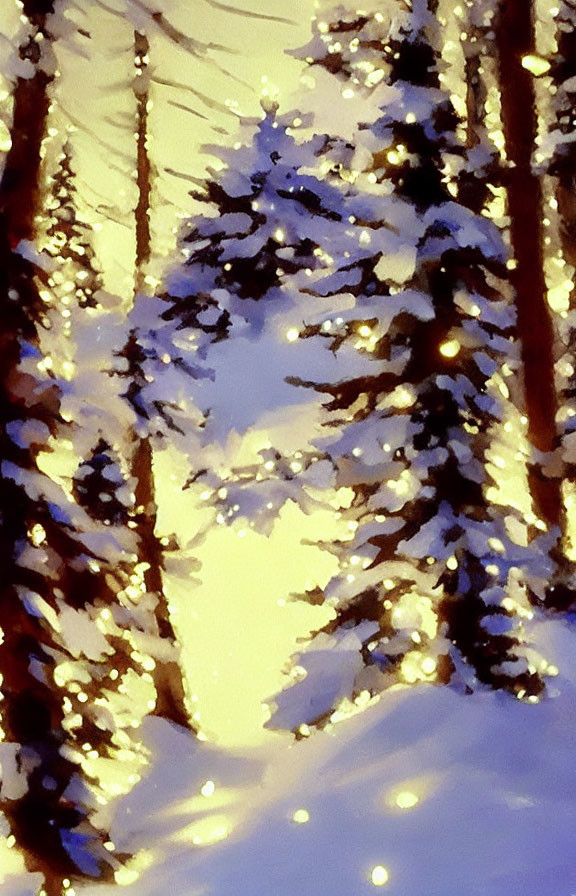 Winter forest scene with snow-covered trees and warm twilight lights.