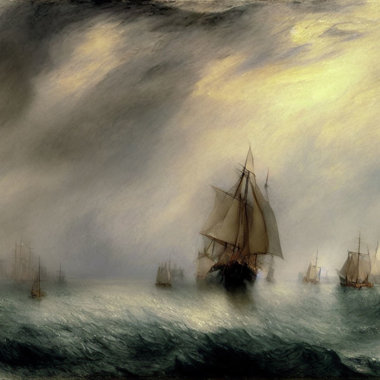 Sailing ships in misty waters under a brooding sky with sunlight.