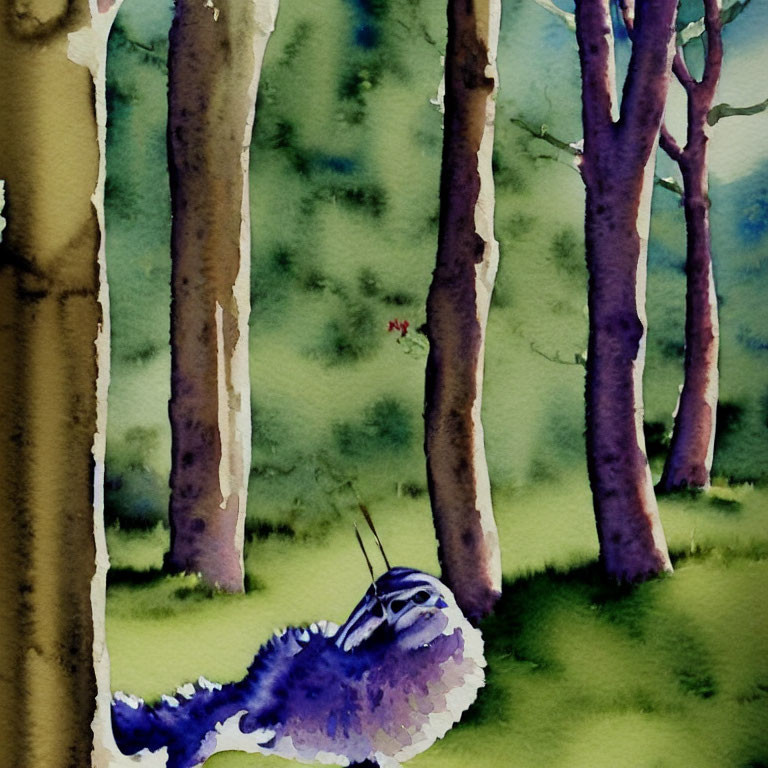 Serene forest scene with trees and resting butterfly in watercolor