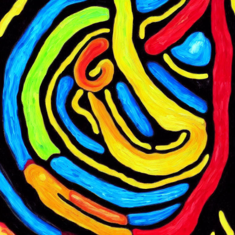 Colorful Abstract Painting with Bold Swirl Pattern and Thick Black Outlines