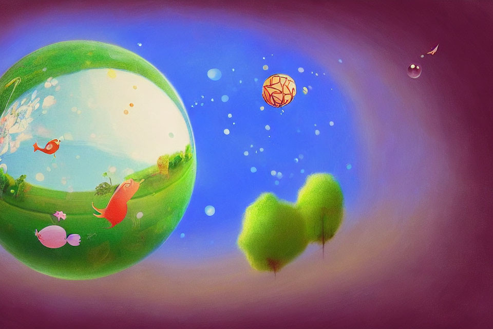 Colorful Universe Illustration with Bubble Planet, Bird, Fish, Trees, and Hot-Air Bal