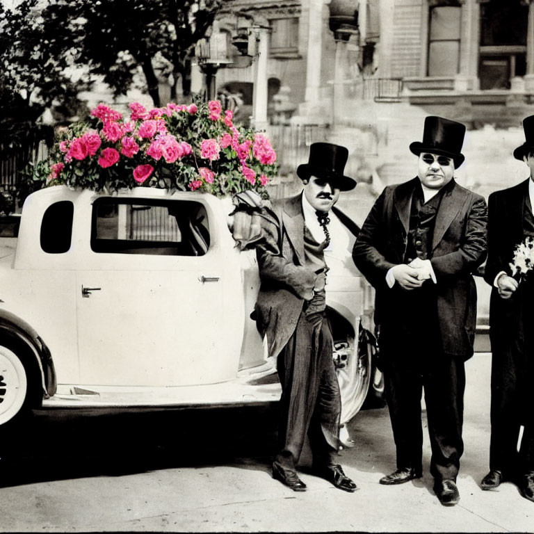 Men in suits and top hats with vintage car and roses bouquet.