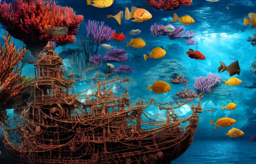 Colorful coral reef with sunken ship and tropical fish