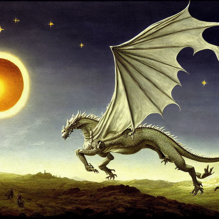 Majestic dragon flying over twilight landscape with glowing sun and stars