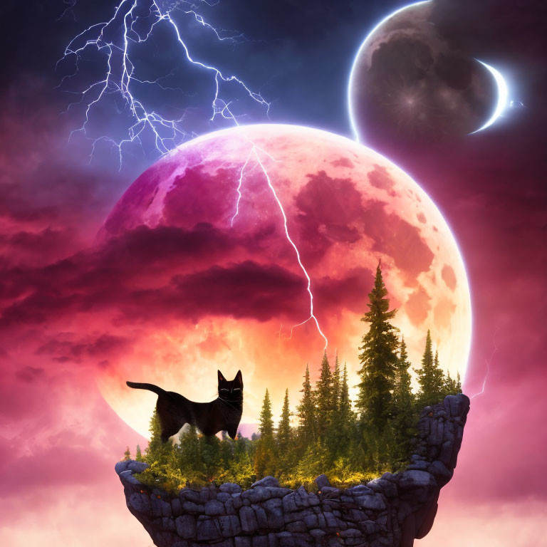 Cat on Cliff Observing Surreal Landscape with Crimson Moon