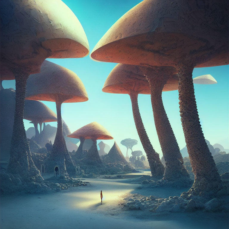 Dreamlike desert landscape with towering mushroom-shaped structures