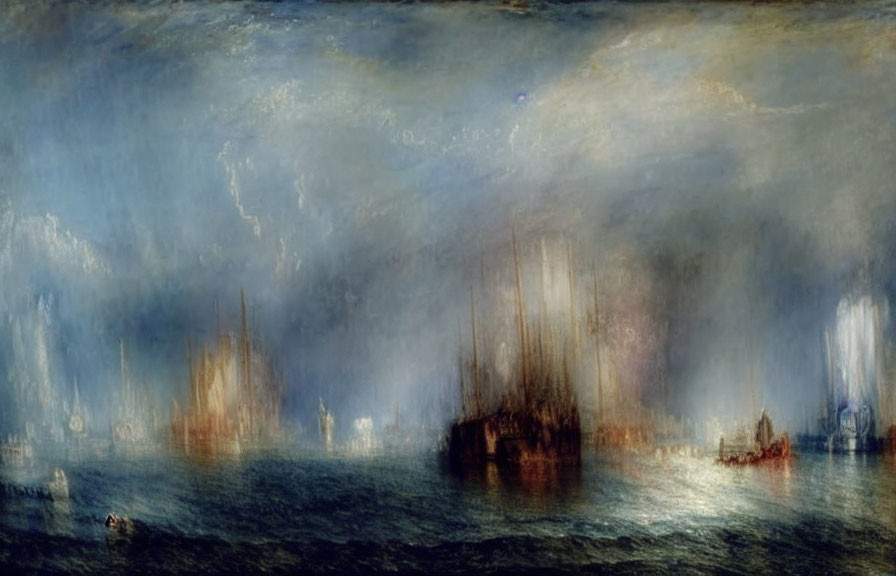 Misty harbor painting with sailing ships and dramatic sky