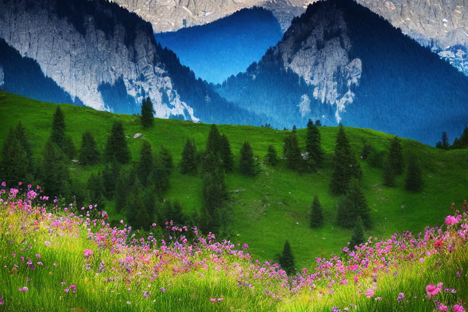 Scenic alpine meadow with pink wildflowers and mountain cliffs