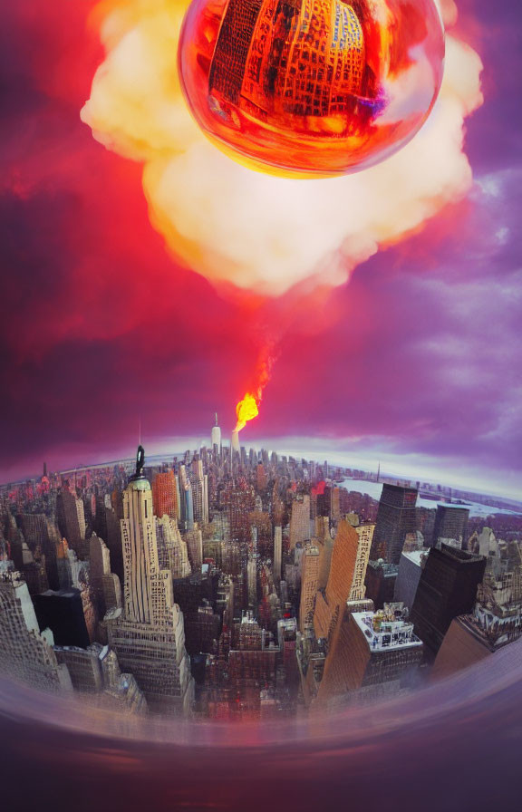 Surreal cityscape with fiery explosion and reflective orb above