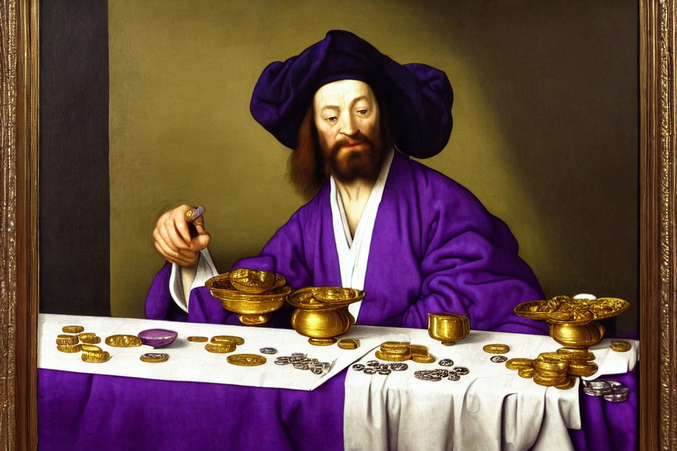 Man in Purple Robe Counting Gold Coins at Table