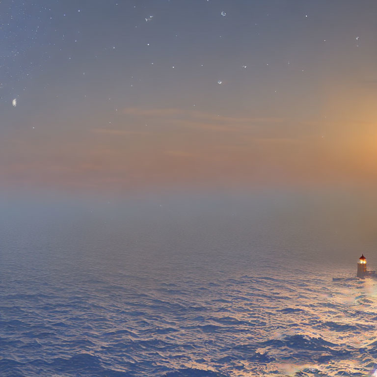 Tranquil dusk seascape with illuminated lighthouse and gradient sky