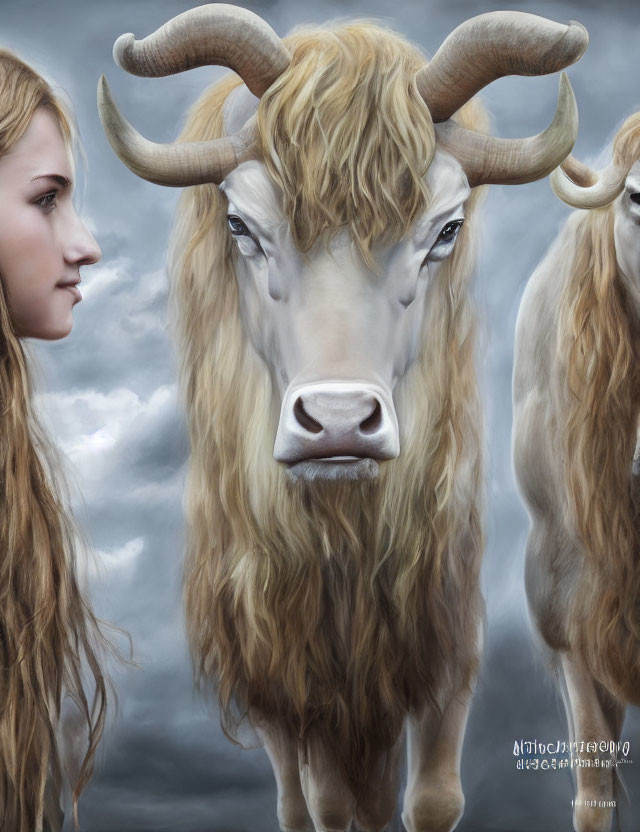 Highland cow art with blended faces of two women on cloudy sky background