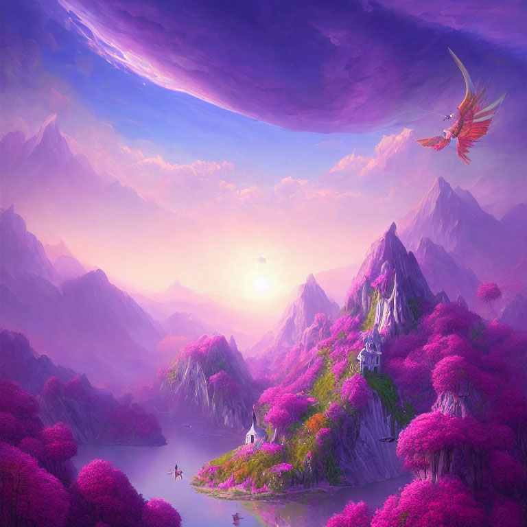 Purple Skies Fantasy Landscape with Castle and Bird-like Creature