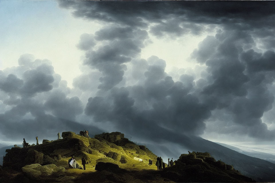 Dramatic landscape with dark clouds, rocky hill, silhouetted figures, and white horse