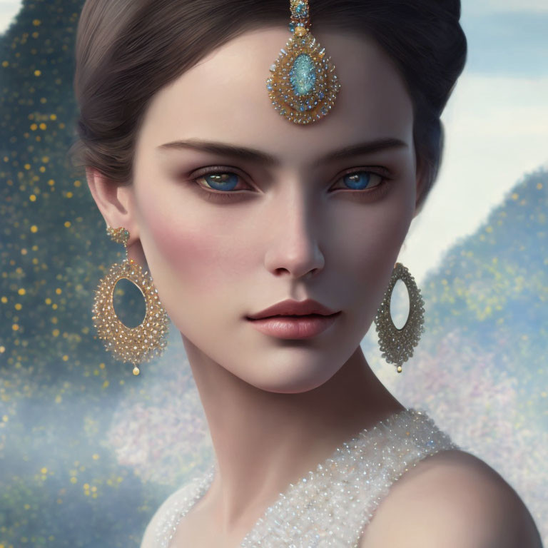Portrait of Woman with Striking Blue Eyes and Ornate Jewelry on Floral Background