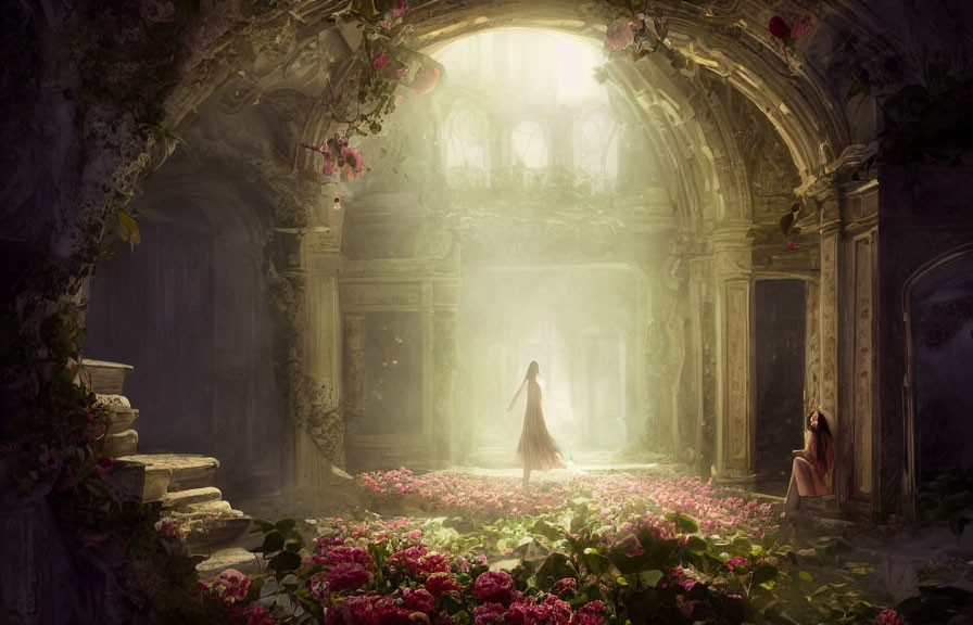 Ethereal figures in flowing gowns among roses and light in mystical ruin