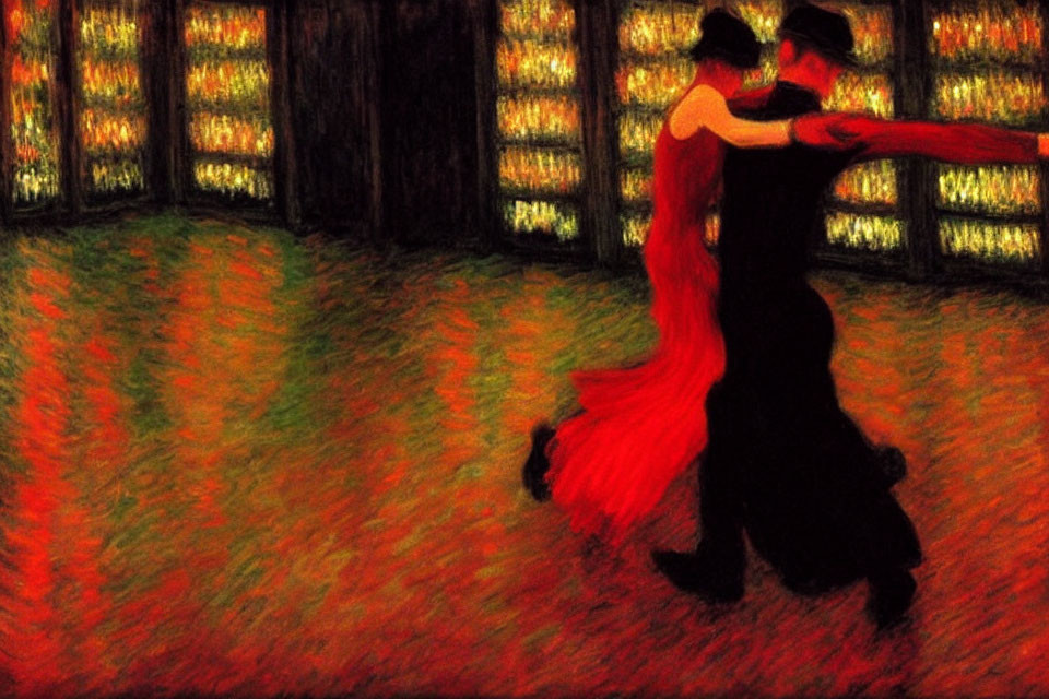 Passionate couple dancing in red and black attire against vibrant abstract background