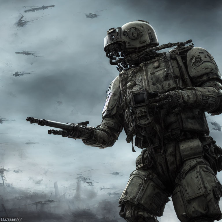 Futuristic soldier in heavy combat armor under stormy sky with helicopters.