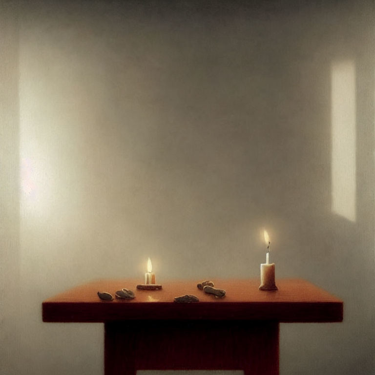 Tranquil Room with Soft Light, Red Table, Candles, and Peanuts