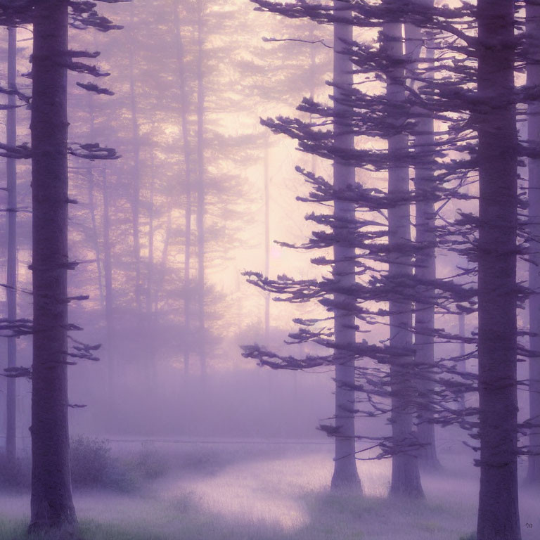 Twilight misty forest with silhouetted trees and purple hue