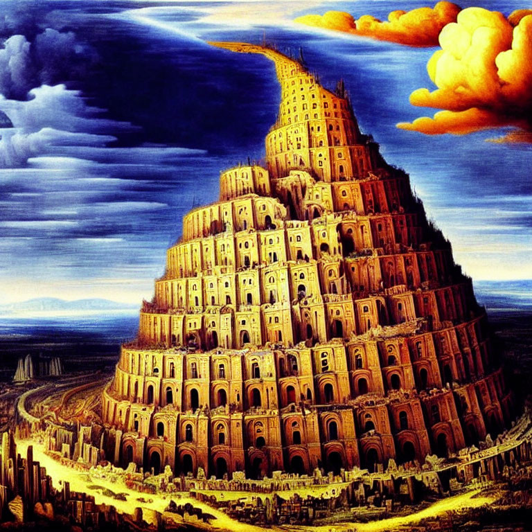 Detailed Painting of Tower of Babel with Spiraling Structure and Dramatic Sky
