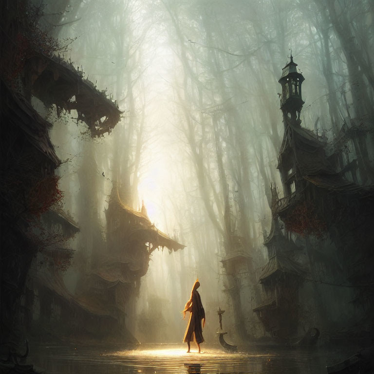 Mystical forest scene with cloaked figure and ancient lanterns