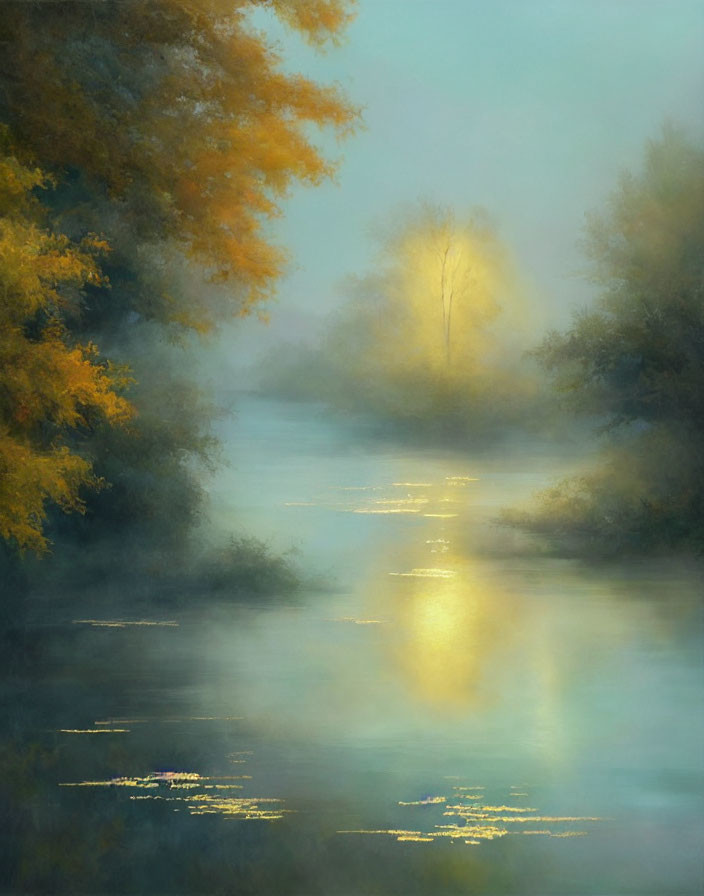 Tranquil river scene at dawn or dusk with autumn trees, mist, and sun reflection