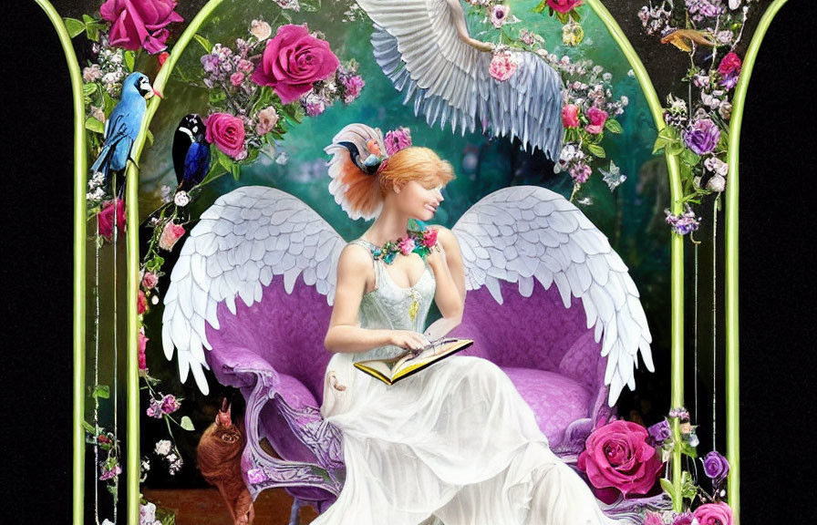 Winged woman reading on purple chair with floral surroundings