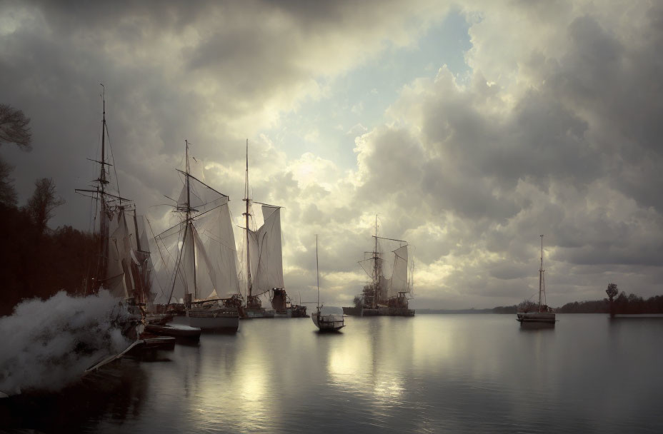 Vintage sailing ships at tranquil dock under dramatic sky