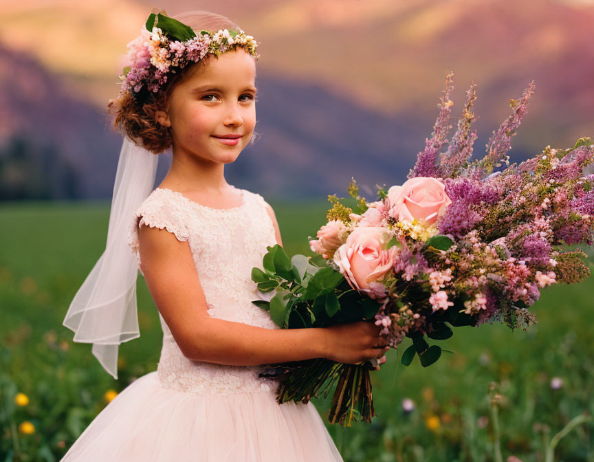 Young girl in white dress with floral headpiece holding bouquet in field with mountains.