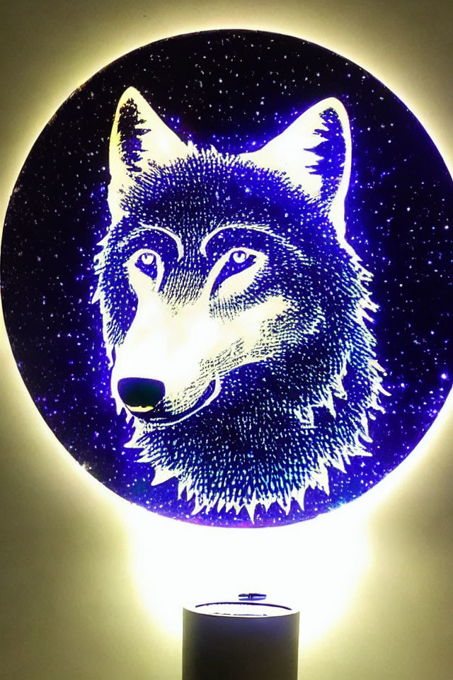 Colorful circular wolf head artwork on starry background with blue and purple hues.