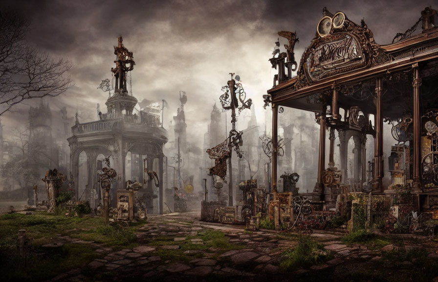 Overgrown cemetery with ornate gravestones and misty gazebo