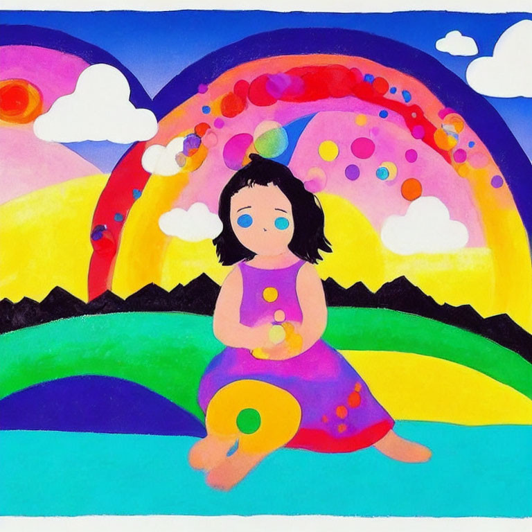 Colorful painting of girl in purple dress surrounded by hills, rainbow, and bubble-filled sky