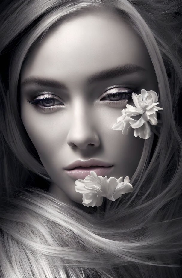 Monochrome portrait of woman with long hair and white flowers